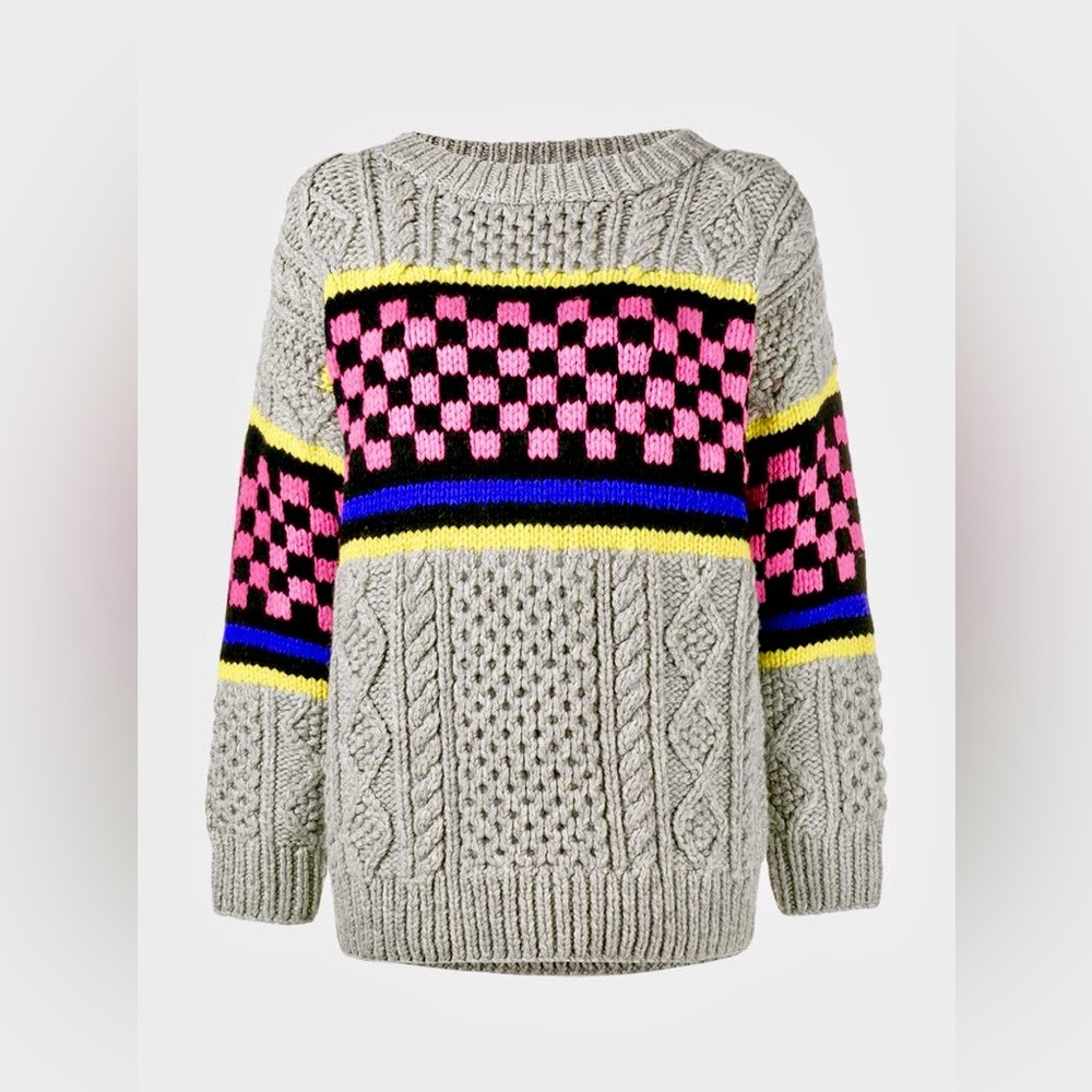 NWT XS ASHLEY WILLIAMS CHECKERBOARD Chunky Knit Sweater Jumper Gray Black Cable - Picture 3 of 16